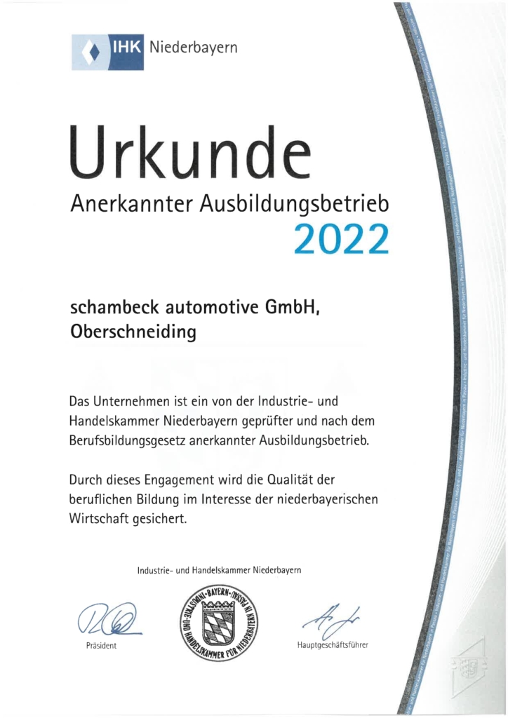 Urkunde zum anerkannten Ausbildungsbetrieb 2022 der IHK Niederbayern